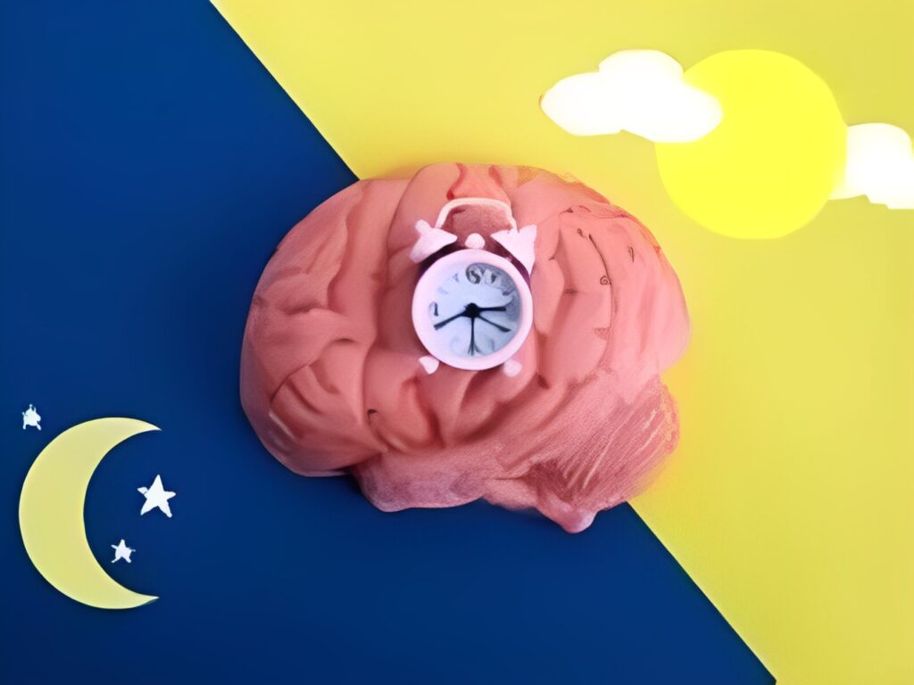 A clock is placed on top of a toy brain.