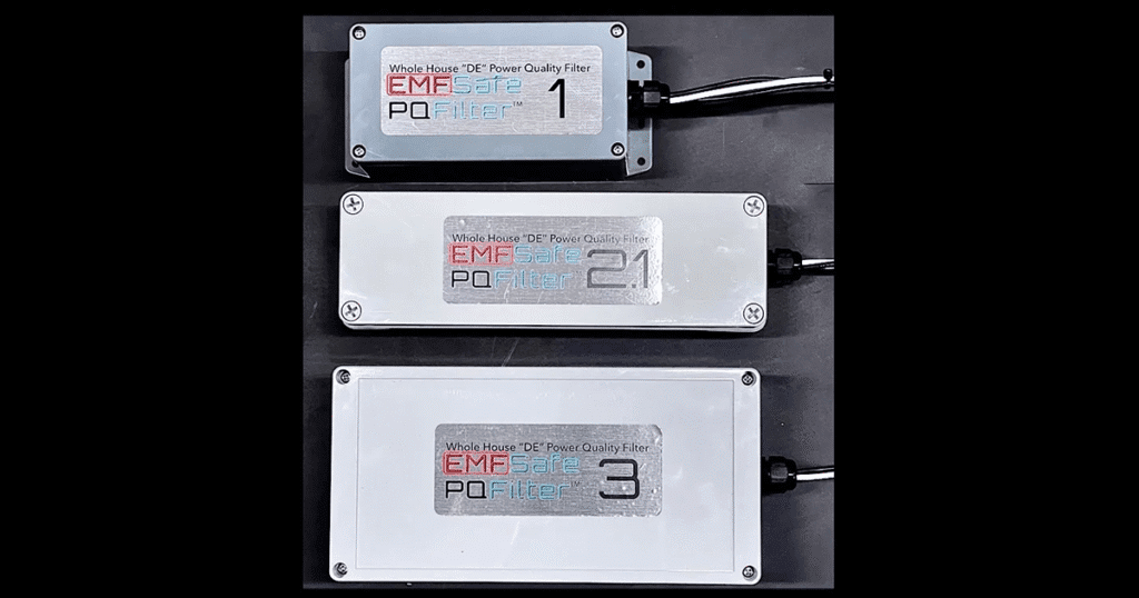 Stacked metal EMI power filters labeled 1-3